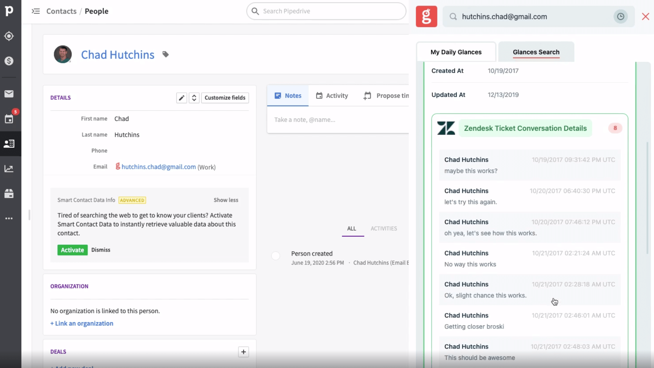View full Zendesk ticket details while in any app, such as Pipedrive Screenshot of Glances displaying a Zendesk ticket thread while logged into Pipedrive